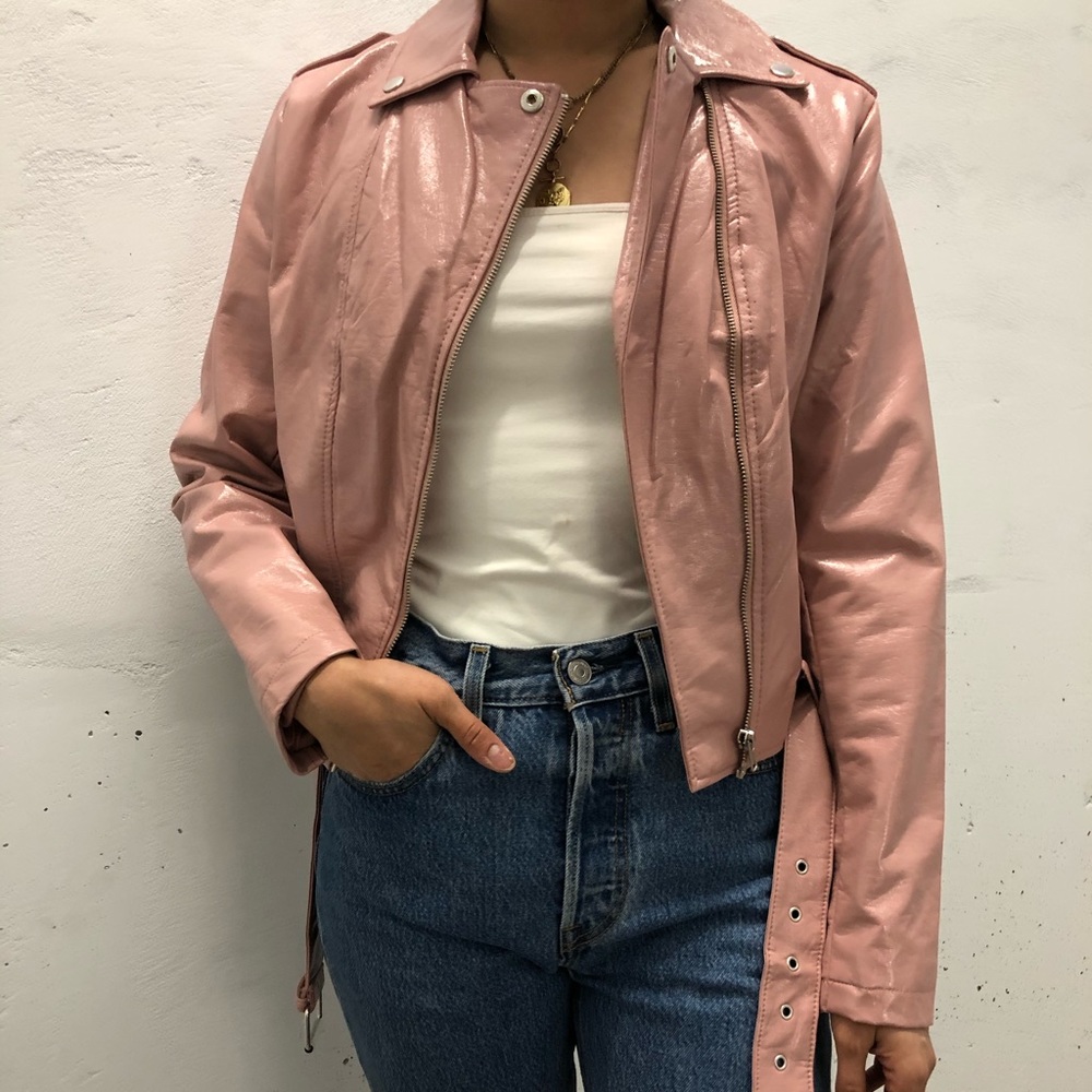 Pink Faux Patent Leather Moto Jacket